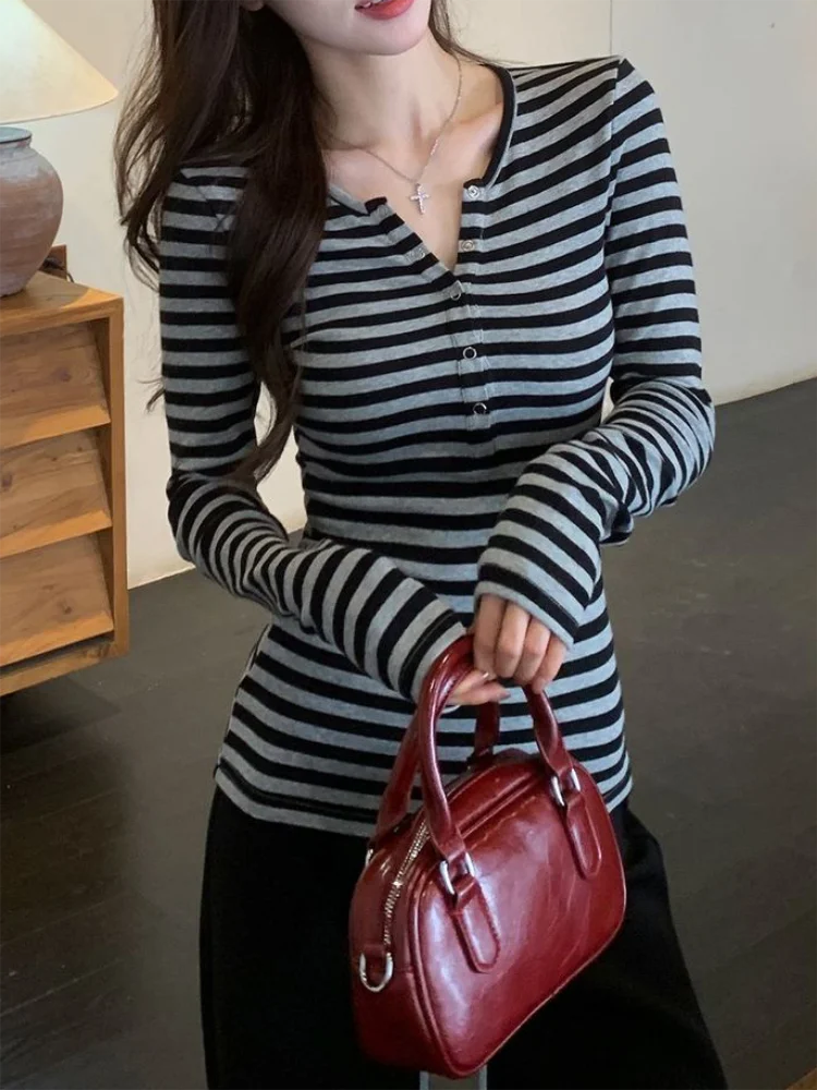 Women's Striped Button Crop T-Shirt
