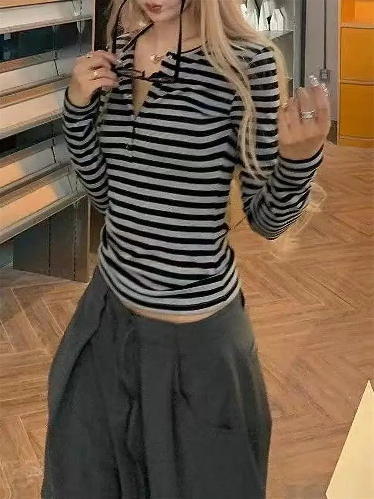 Women's Striped Button Crop T-Shirt