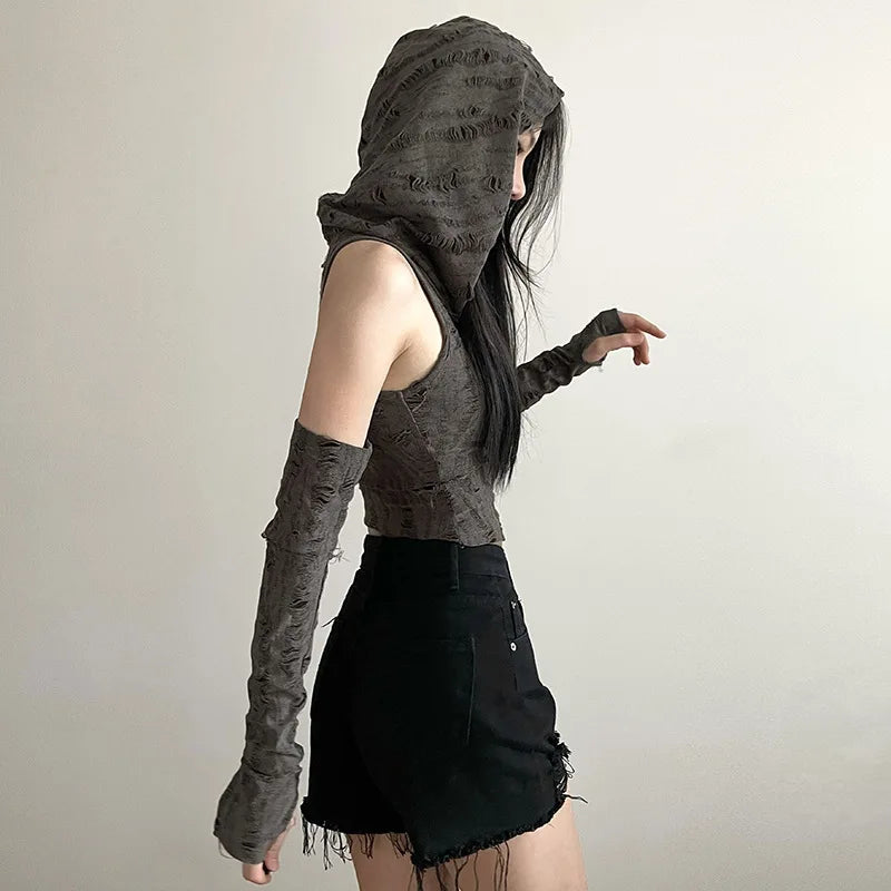 Vintage Hooded Sleeveless Crop Top