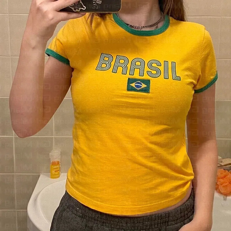 Women's Brazil Letter Print Crop Tee