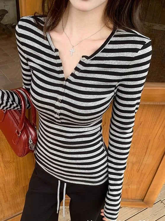 Women's Striped Button Crop T-Shirt