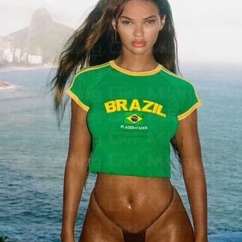 Women's Brazil Letter Print Crop Tee