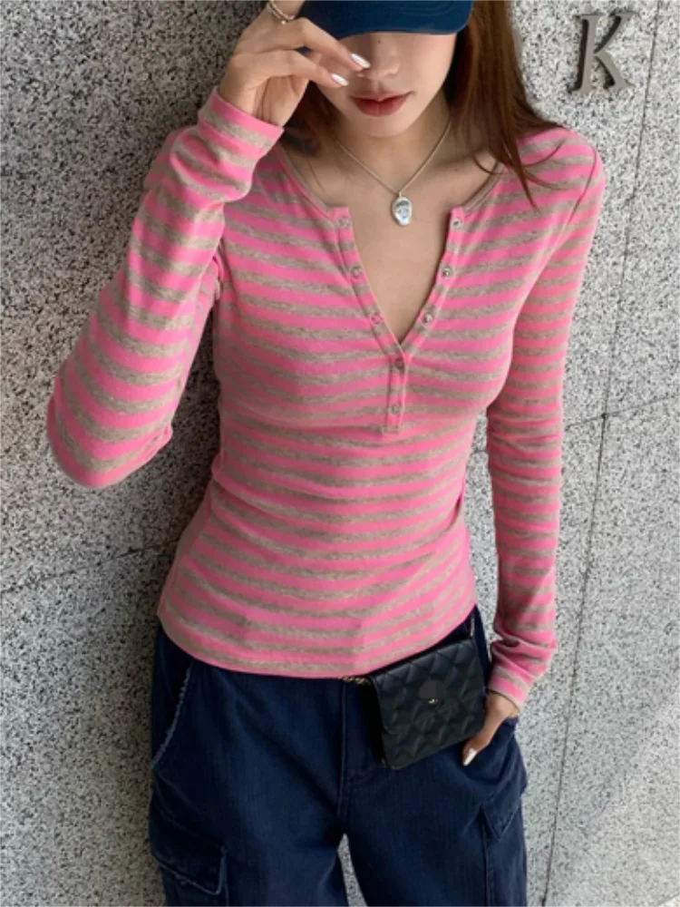 Women's Striped Button Crop T-Shirt