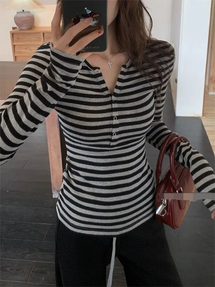 Women's Striped Button Crop T-Shirt
