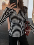 Women's Striped Button Crop T-Shirt