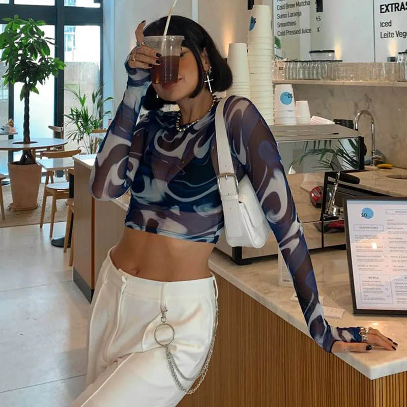 Women's Mesh Long Sleeve Crop Top
