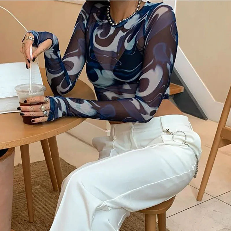 Women's Mesh Long Sleeve Crop Top