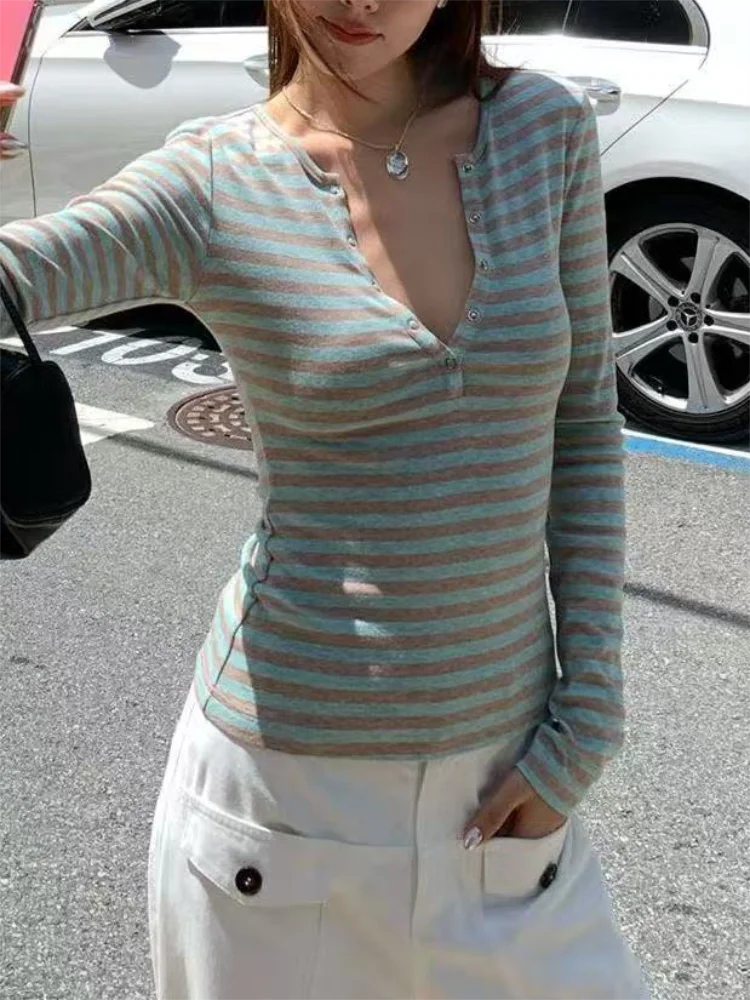 Women's Striped Button Crop T-Shirt