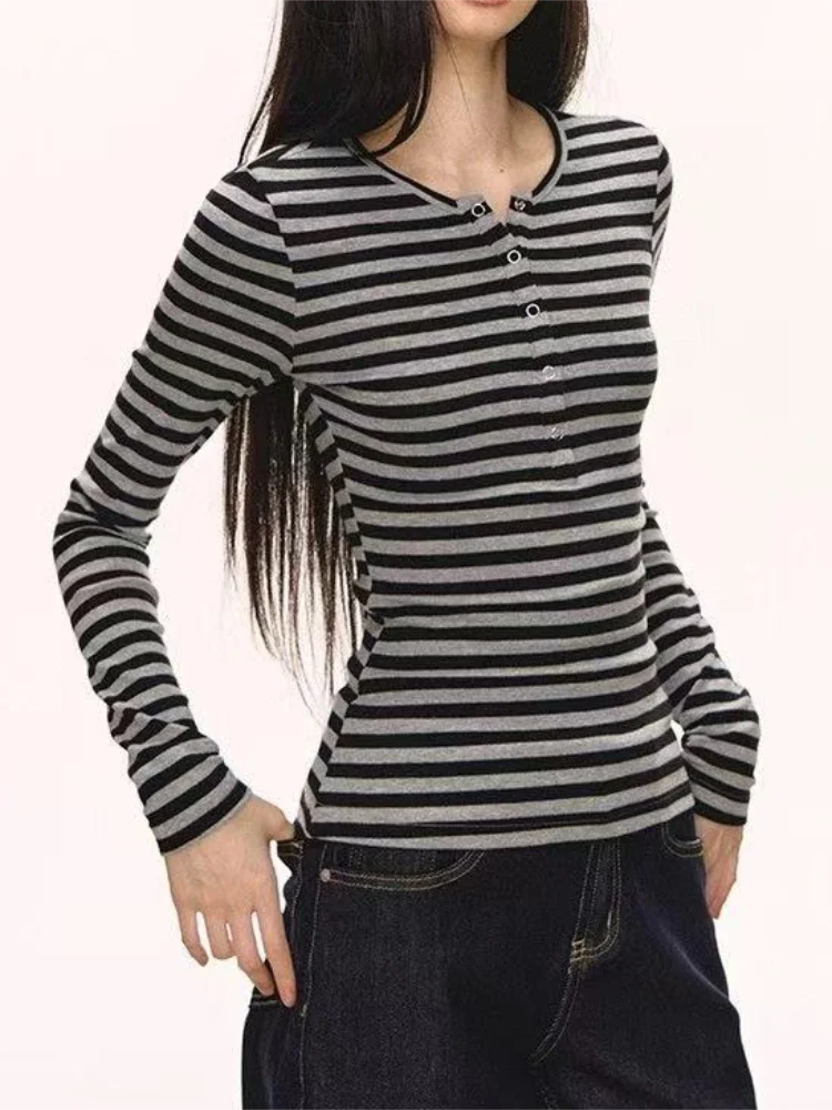 Women's Striped Button Crop T-Shirt